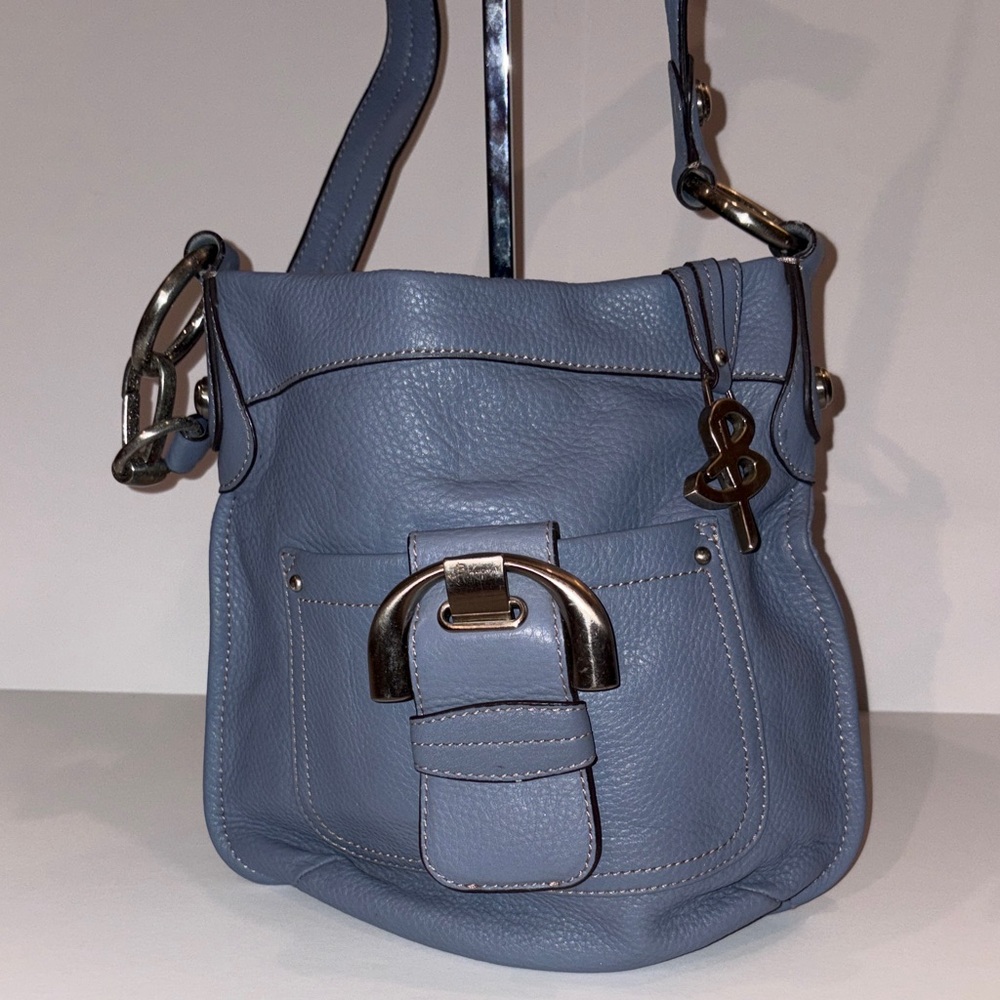 B. Makowsky pebbled Blue Leather Shoulder Bag with silver accents